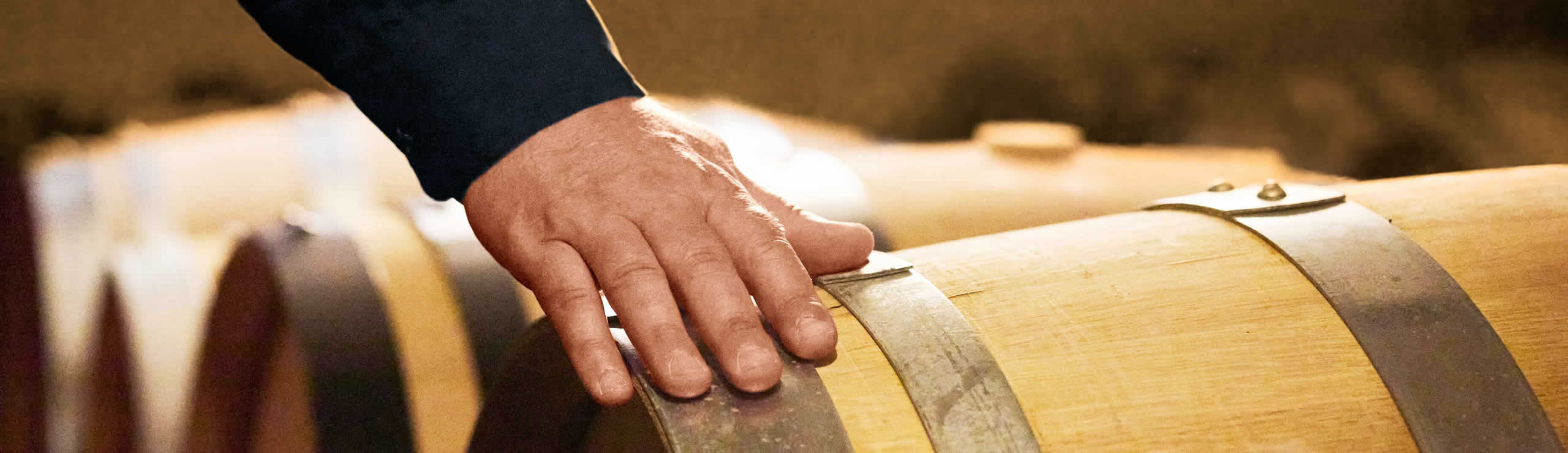 Mann streicht mit seiner Hand über ein Weinfass